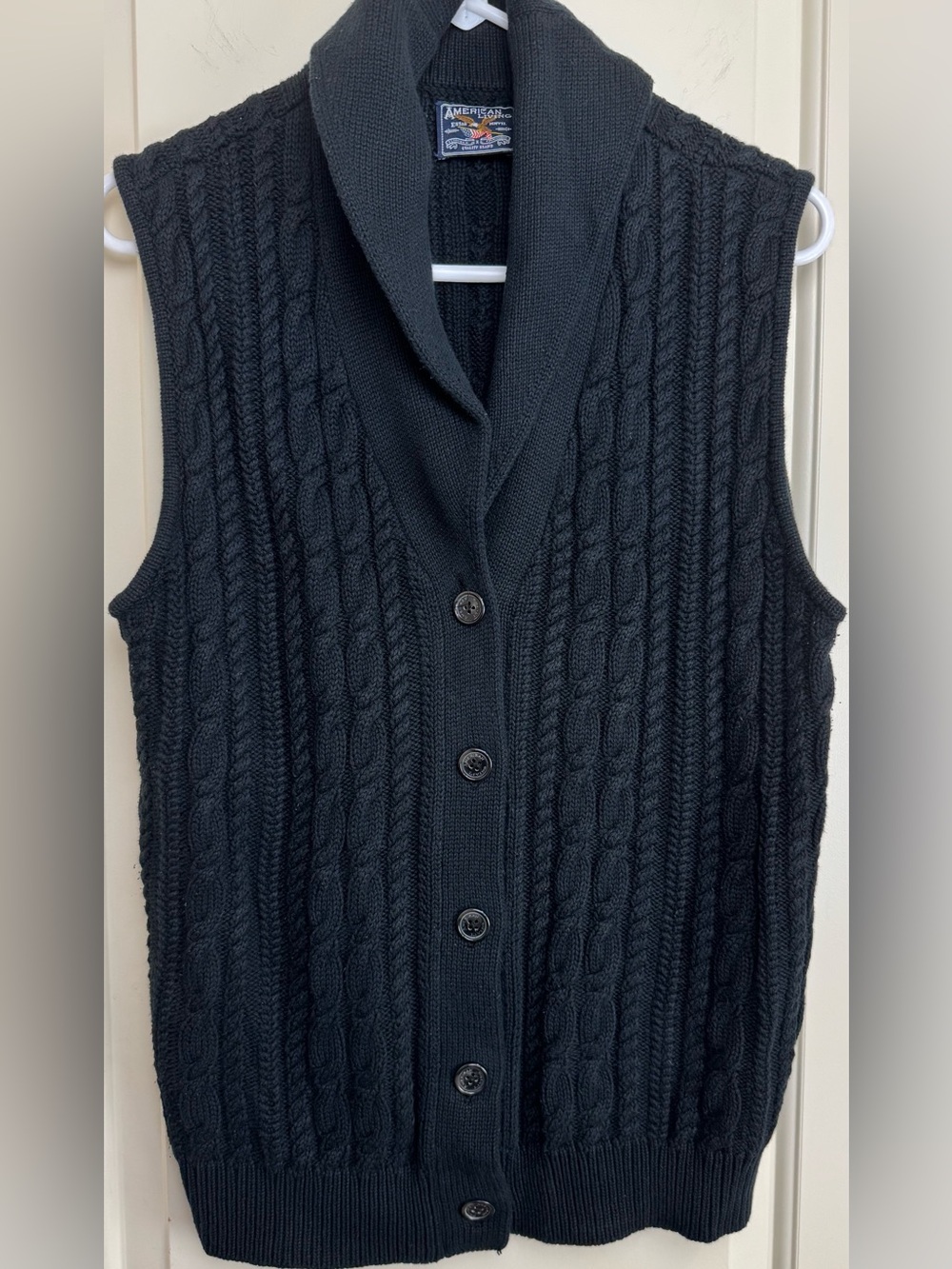 American Living Black 100% Cotton Cable Knit Sweater Vest L Shawl Collar